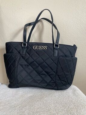 GUESS Black Quilted Tote with Exterior Pockets